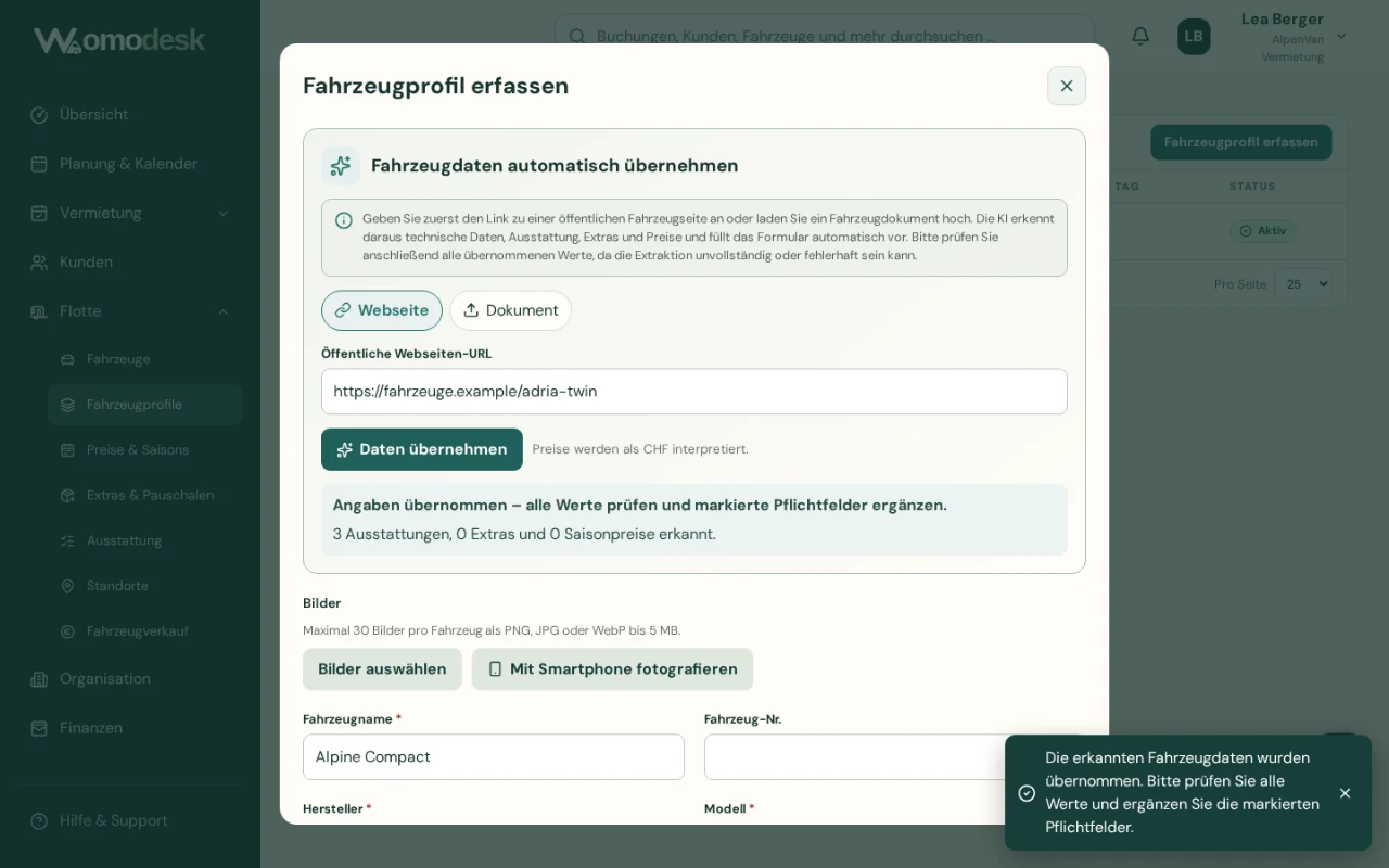 Saisie de véhicule assistée par IA dans Womodesk avec données à vérifier