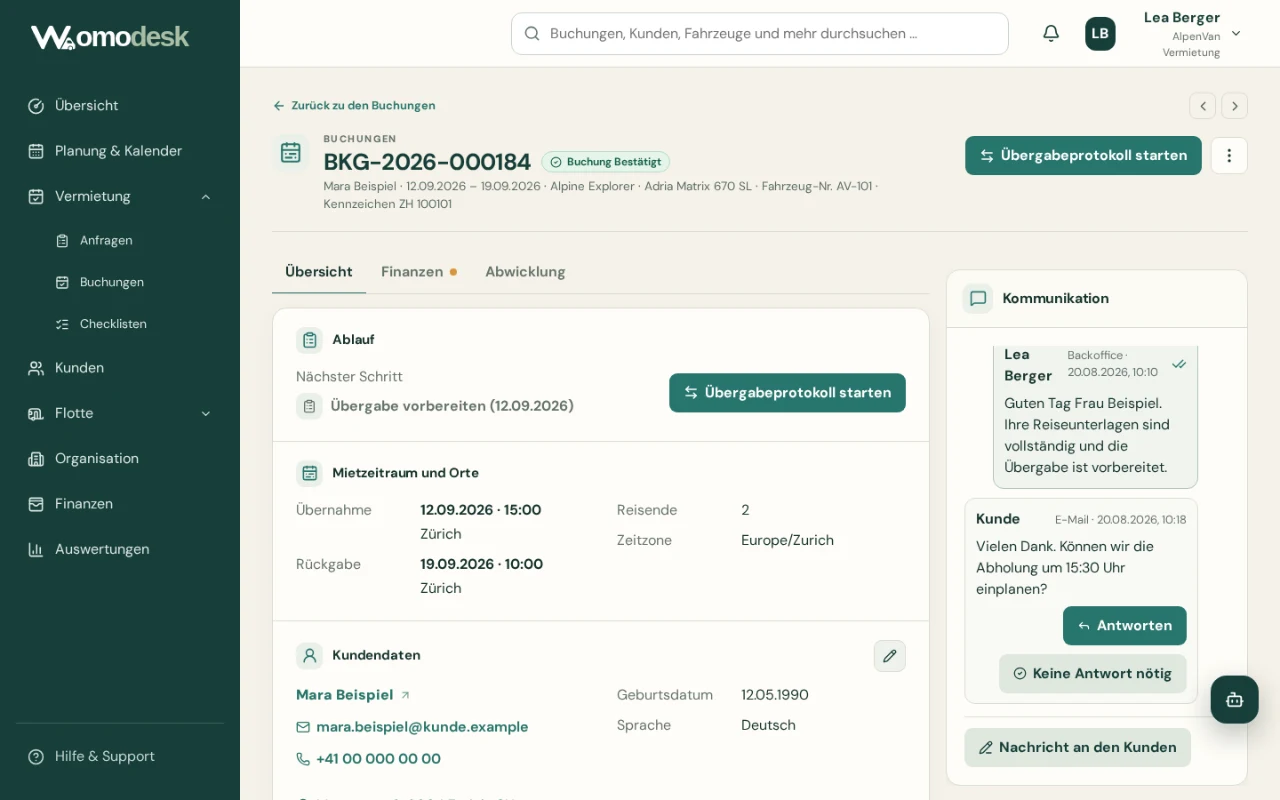 Détail d’une réservation Womodesk avec historique, période de location, données client et communication directe