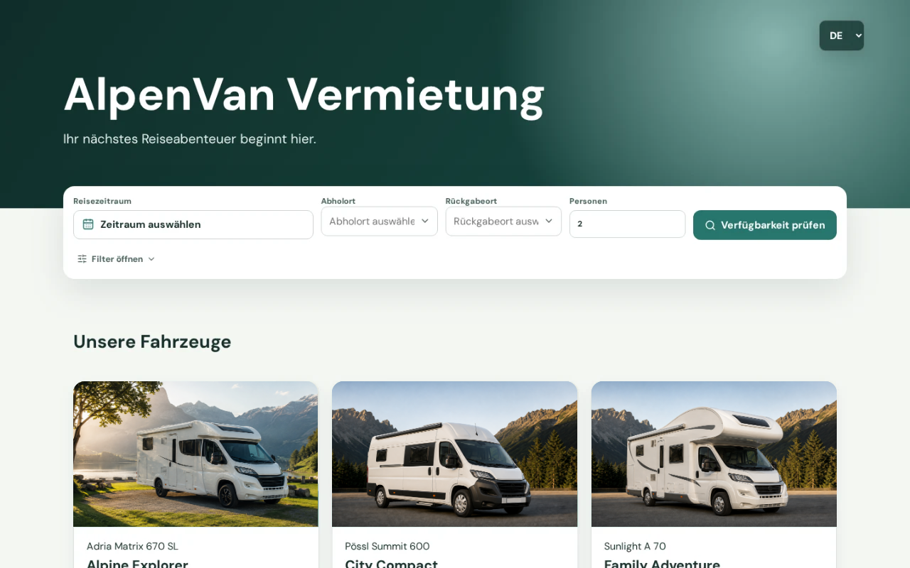 Portail de réservation public Womodesk avec période, lieu de départ et véhicules illustrés par de vraies photos de camping-cars