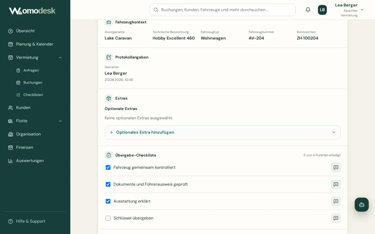 Protocole de remise Womodesk avec contexte du véhicule et liste de contrôle personnalisable partiellement terminée