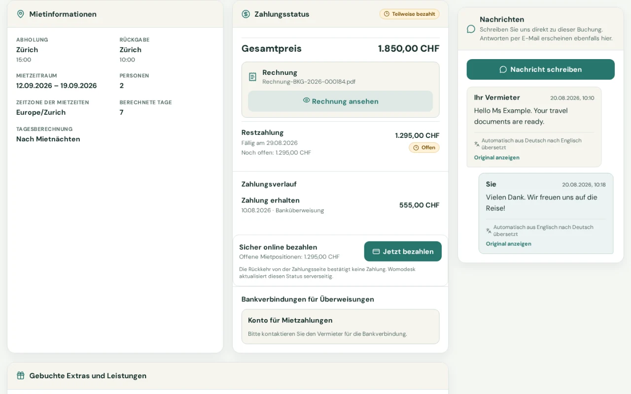 Espace de voyage personnel avec informations de location, facture, paiement en ligne sécurisé et messages traduits automatiquement