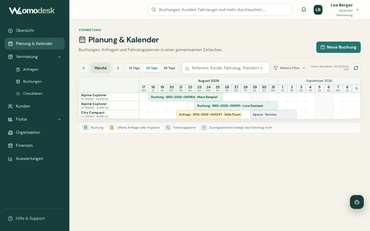 Planning Womodesk avec réservations, demande, plusieurs sites et blocage de véhicule sur une même chronologie