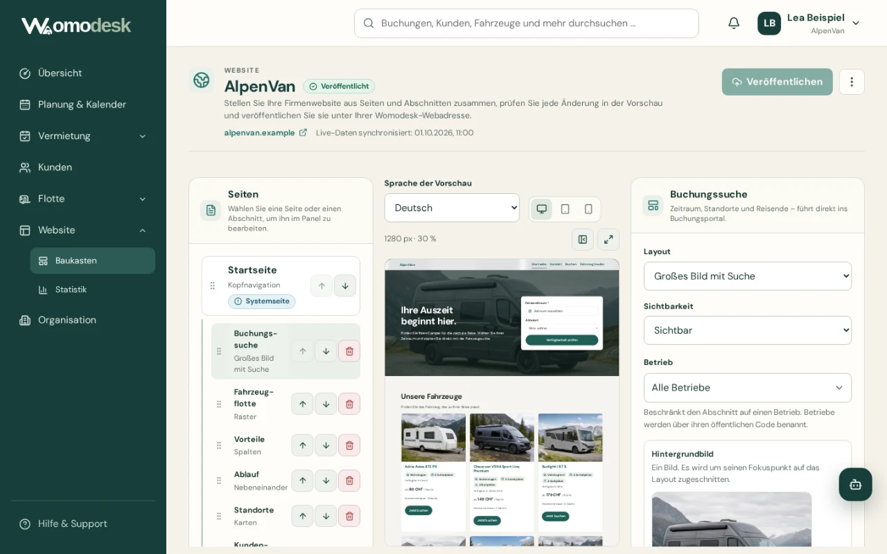 Womodesk website builder with page list, ordered sections, preview and booking-search editor