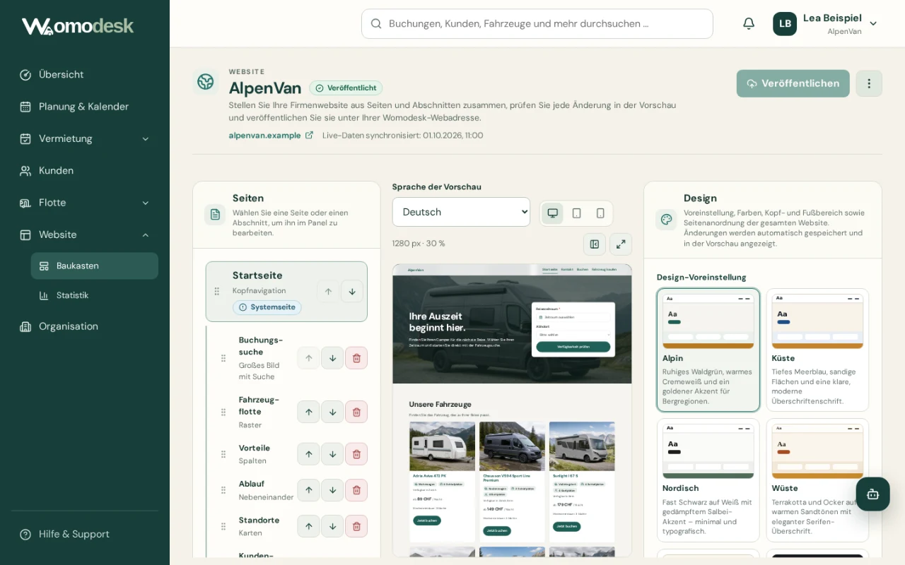 Womodesk builder showing design presets and a preview of the rental website