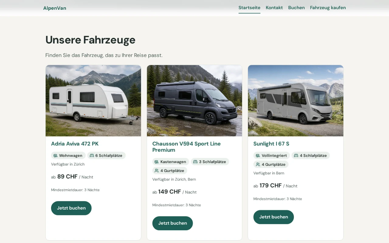 Womodesk rental website showing a caravan, campervan and motorhome, equipment, example prices and booking entry points