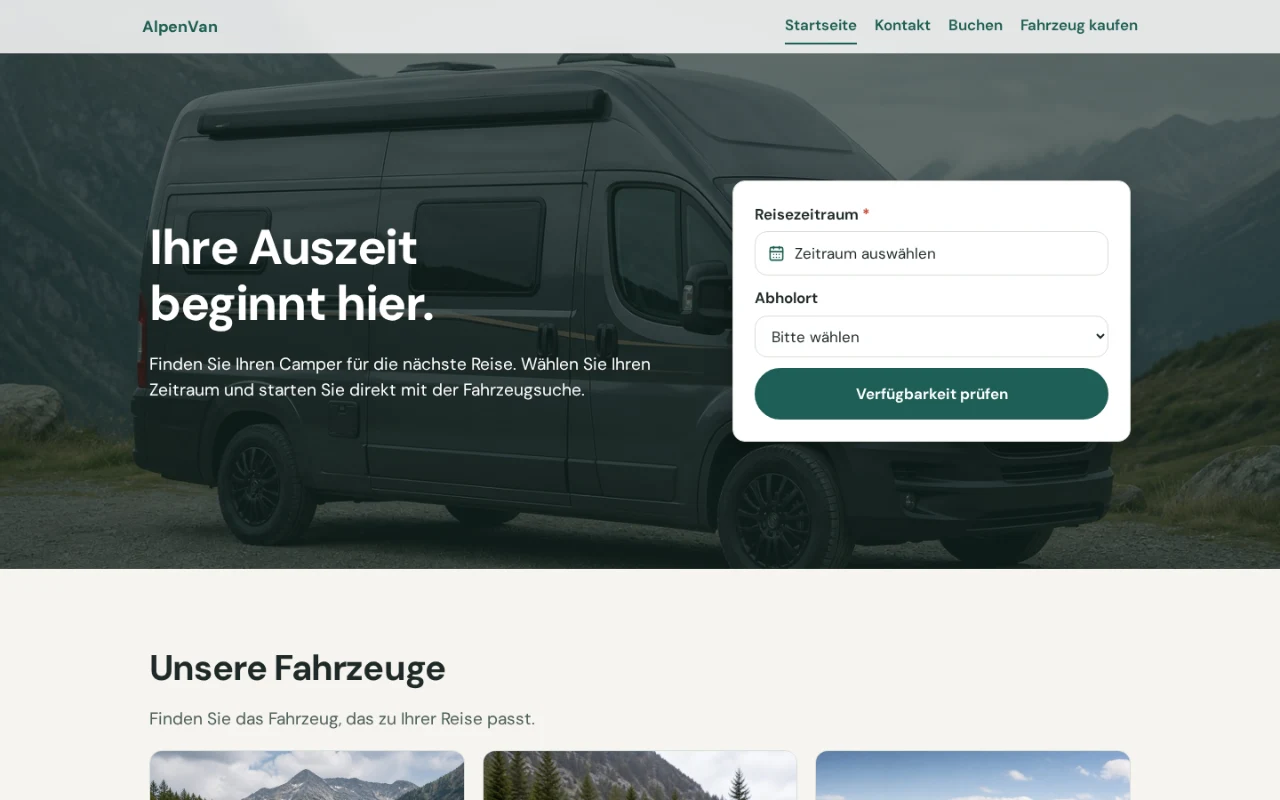 Public Womodesk rental website with a campervan background image and direct search by travel dates and pick-up location