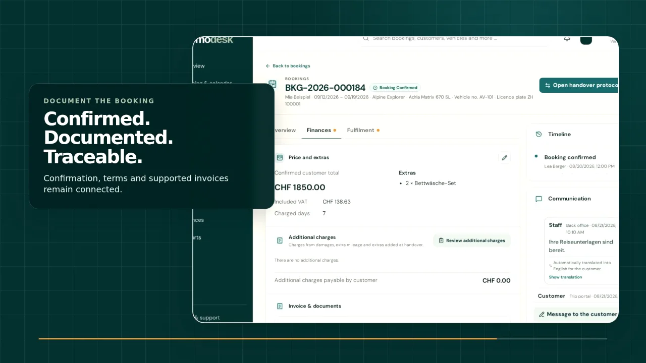 Preview of the Womodesk product video with a confirmed and documented booking