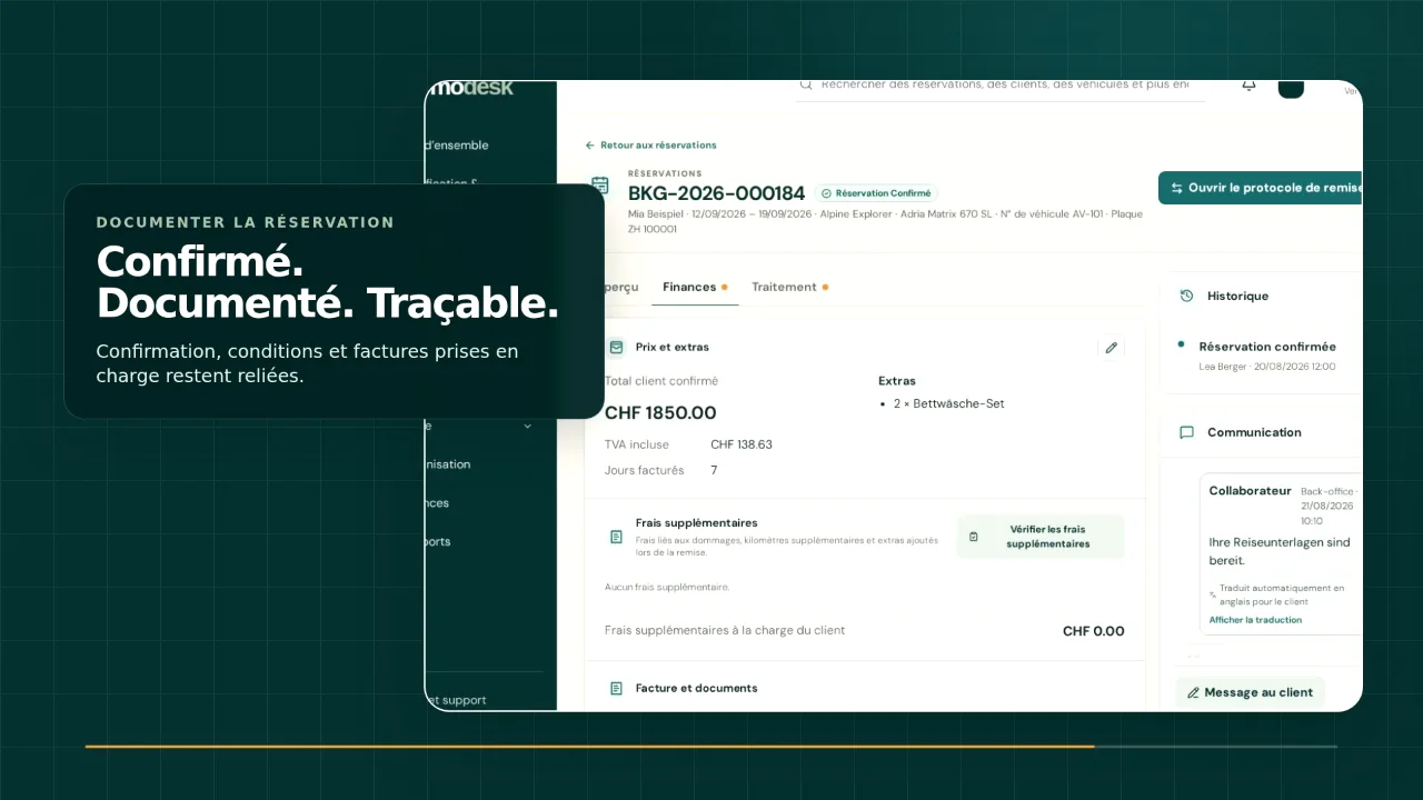 Aperçu de la vidéo produit Womodesk avec une réservation confirmée et documentée